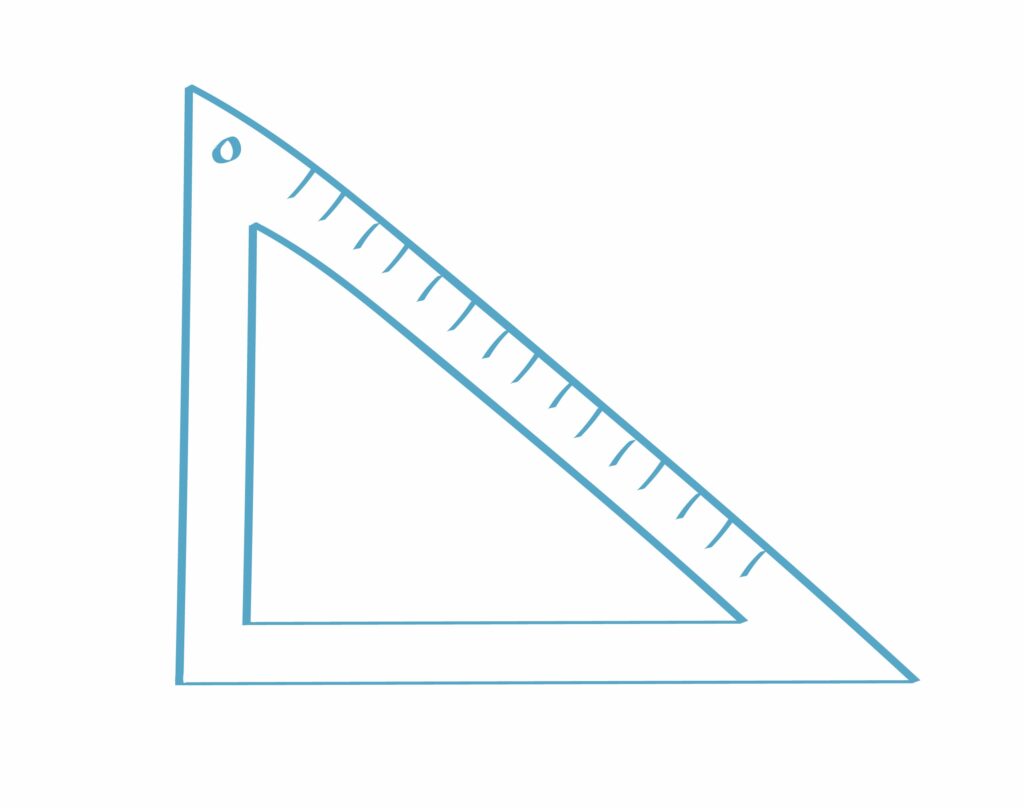 Yksinkertainen, sinisellä ääriviivalla piirretty kolmion mallista mittaa kuvaava ikoni, tyyliltään "vapaalla kädellä piirretty".