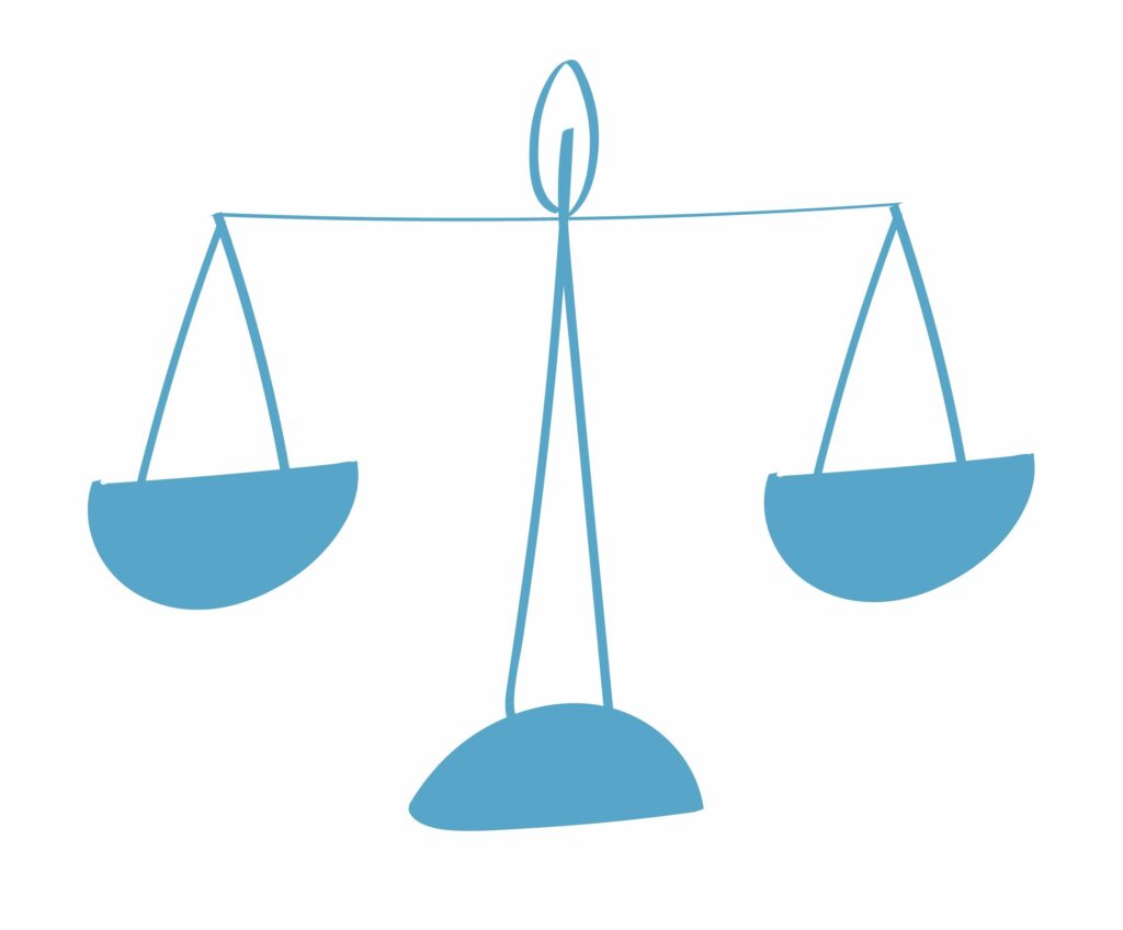 Yksinkertainen, sinisellä ääriviivalla piirretty vaakaa kuvaava ikoni, tyyliltään "vapaalla kädellä piirretty".