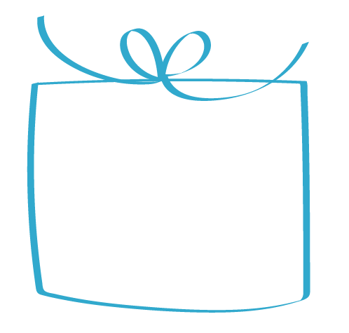Yksinkertainen sinisellä ääriviivalla piirretty lahjapaketti-ikoni, tyyliltään vapaalla kädellä piirretty. 